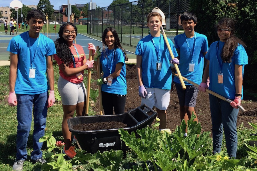 group of students gardening