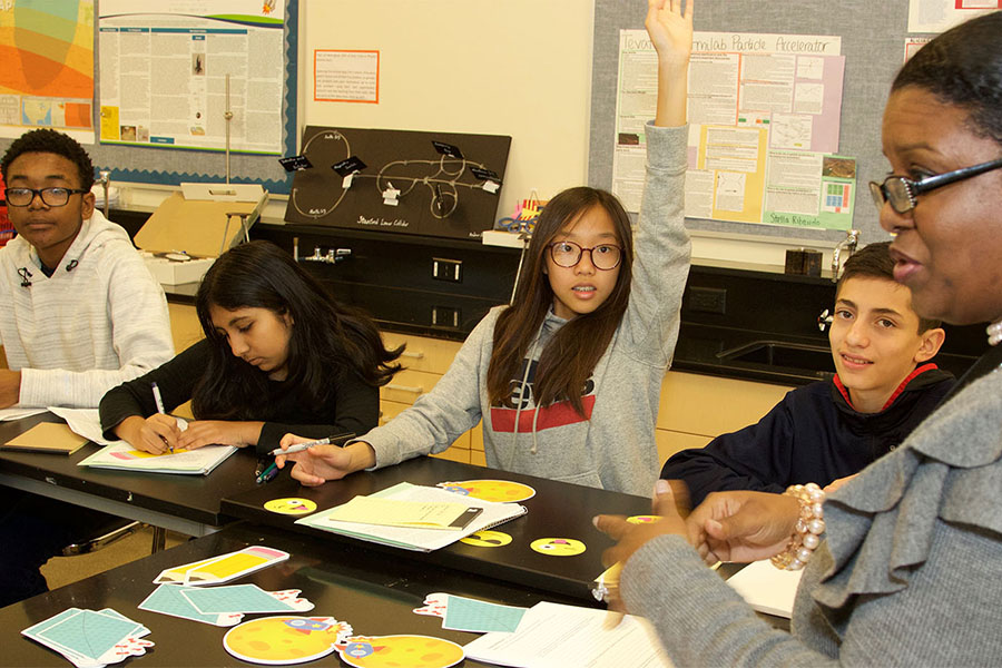 middle school students in classroom discusssion  with teacher