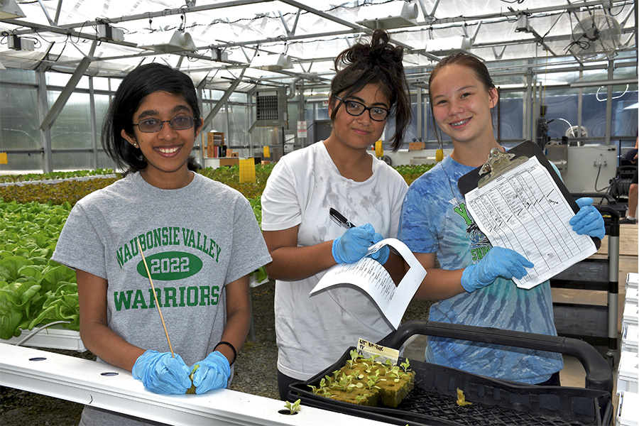 Three students holding paper working at an urban garden