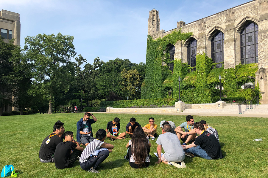 northwestern campus with students outside Deering library