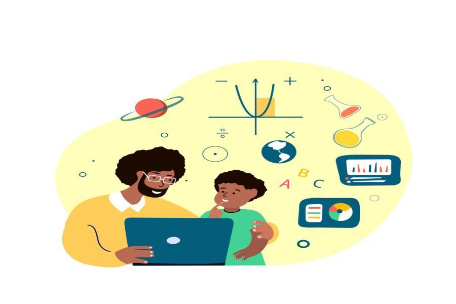 graphic image of parent and child with laptop and STEM icons