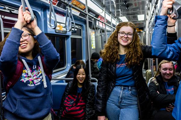 high school students on th train in Chicago